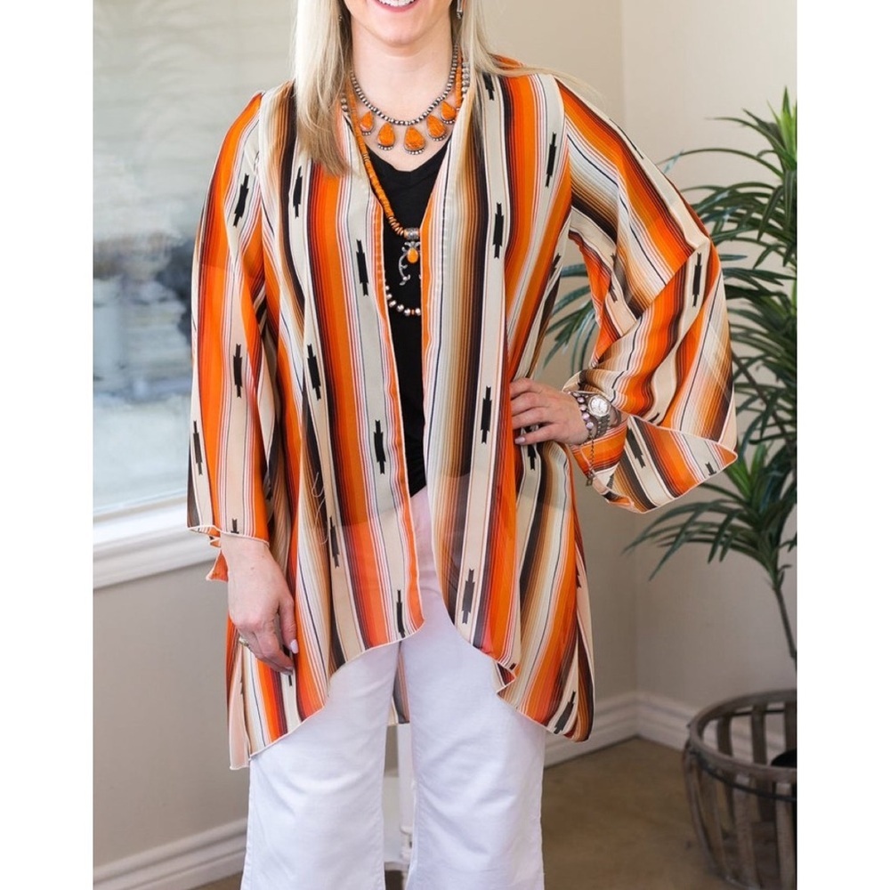 Lucky & Blessed SOUTHWESTERN SUNRISE SERAPE PRINT SHEER KIMONO IN ORANGE BEIGE